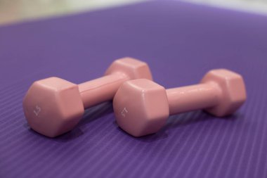 Dambılı spor konsepti ve mor arka planda bir paspas.