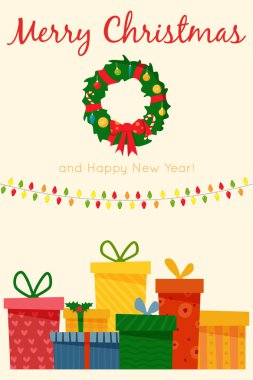 Christmas set wit decorative winter objects - toys, gift boxes, balls, garlands, socks, wreath, xmas trees isolated on white background. Flat cartoon style vector