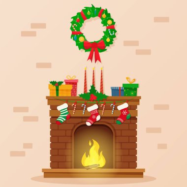Hediyeler, çoraplar ve mumlarla dolu Noel şöminesi. Düz çizgi film biçimi vektör çizimi.