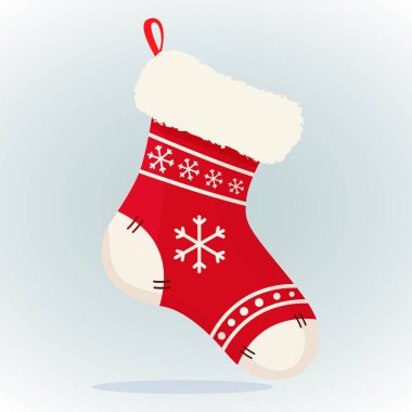 Christmas cute stocking for gift place inside. Decoration for home and fireplace with candy. Happy New Year concept. Isolated flat illustration.