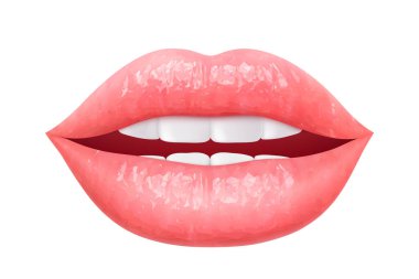 Beyaz arka planda izole edilmiş canlı renkli seksi dudaklar. Güzellik, makyaj ve moda kavramları için mükemmel. Kadın öpücüğü, bir gülümseme. Parlak ve göz alıcı bir görünüş. 3B gerçekçi vektör illüstrasyonu.