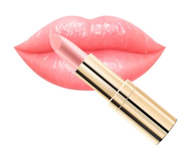 Beyaz arka planda izole edilmiş parlak çıplak ruj ile seksi sulu dudaklar. Kozmetik reklam konsepti. Dudak kremi ve sulu dudaklar. Güzellik ve makyaj için mükemmel. 3B gerçekçi vektör illüstrasyonu.