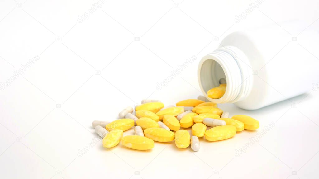 expired drug and white bowl on a white background.