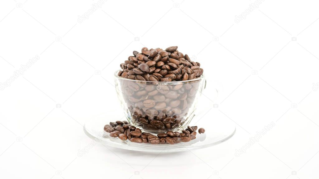 coffee beans in a cup on a white background.
