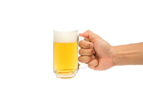 Hombre Sosteniendo Vaso Cerveza Sobre Fondo Blanco — Foto de Stock