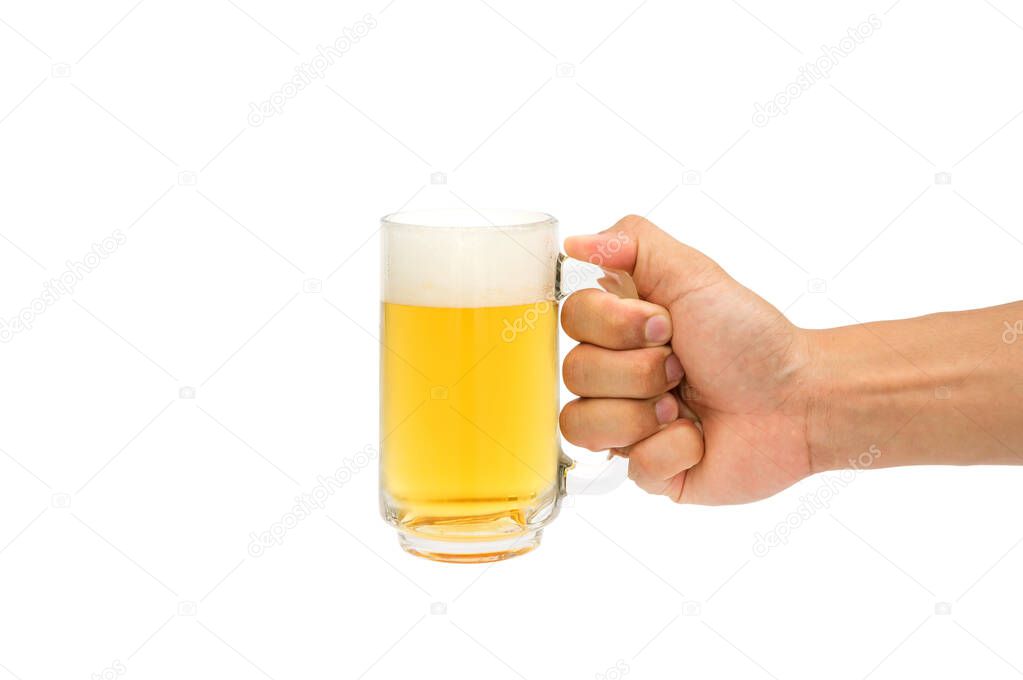 Man holding a glass of beer on a white background.