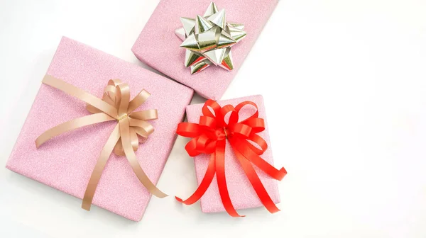 Three Pink Gift Box White Background — Stock Photo, Image