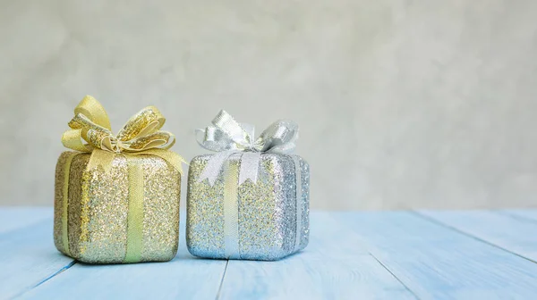 Silver Gold Gift Box Blue Wooden Table — Stock Photo, Image