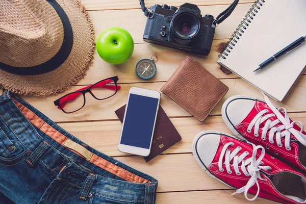 Trajes Accesorios Viaje Pasaportes Equipaje Costo Los Mapas Viaje Preparados — Foto de Stock