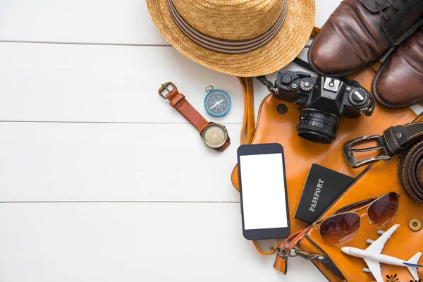 Travel Accessories Costumes Men Passports Cost Travel Maps Prepared Trip — Stock Photo, Image