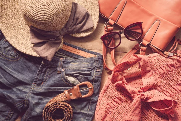 Clothing Women Placed Wooden Floor — Stock Photo, Image