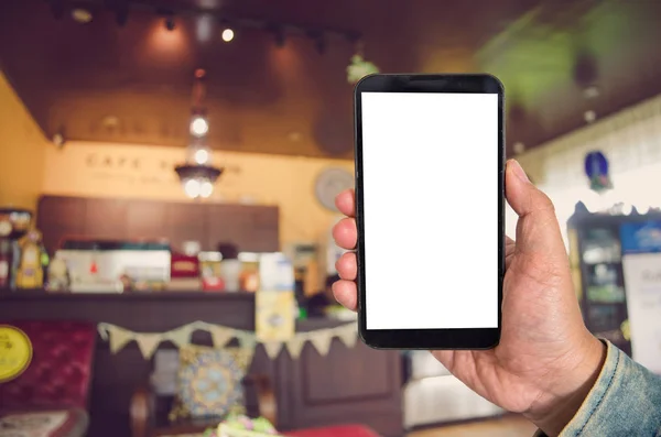 Simular Teléfono Inteligente Pantalla Blanco Fondo Del Centro Comercial Fondo — Foto de Stock