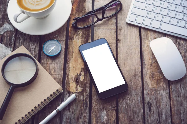 Smartphone Mit Brille Kaffee Notiz Auf Dem Holztisch — Stockfoto