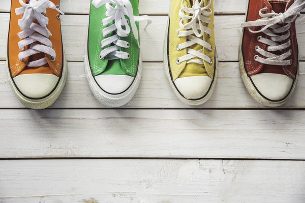 Sports Shoes Work Shoes Put White Wooden Floor Living Concept — Stock Photo, Image