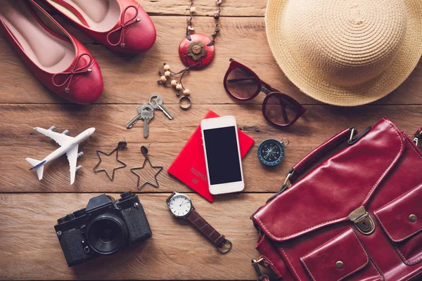 Occorrente Viaggio Costumi Donna Passaporti Bagagli Costo Delle Mappe Viaggio — Foto Stock