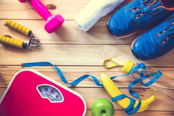 Fitness Concept Exercise Equipment Wooden Background — Stock Photo, Image