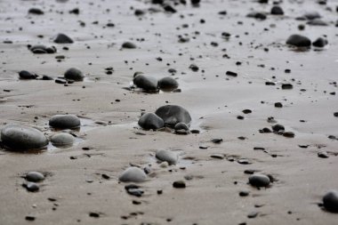 Sahildeki çakıl taşlarının, taşların ve kayaların doğal arkaplan ve dokuları. Gri, karamsar ve fırtınalı bir gün. Farklı boyutlarda, farklı şekillerde. Her biri aşınmış, bu yüzden hiçbir kaya aynı değil..
