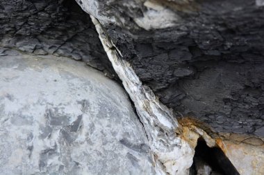 Sahildeki kayaların doğal arkaplan ve dokuları ve uçurumlar. Gri, karamsar ve fırtınalı bir gün. Katmanların ve deniz erozyonunun yol açtığı farklı desenlerin üzerini kapatın. Bazıları çatlaklarda deniz yosunlarıyla kaplıdır.