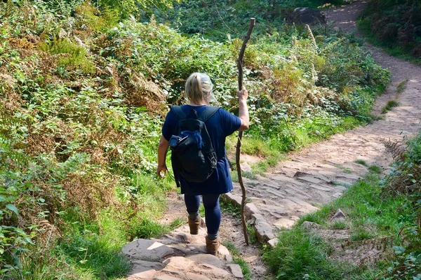 成熟した女性だけでは ウェールズの田舎を歩くと 新鮮な空気中の安全な 社会的距離 健康的なレジャー活動をCovid アバガヴニー ウェールズの新しい通常の山 丘ウォーキングトレッキング — ストック写真