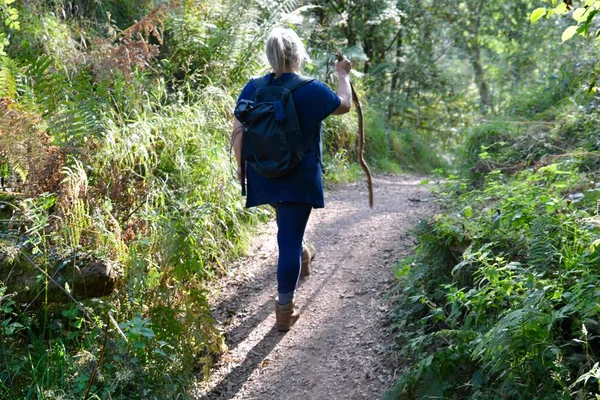 Mujer Madura Caminando Campiña Galesa Sola Covid Segura Socialmente Distanciada —  Fotos de Stock