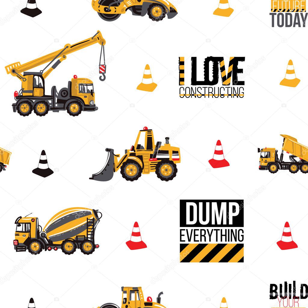 Seamless pattern with building machines on white background