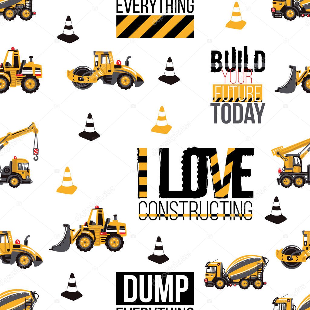 Seamless pattern with building machines on white background