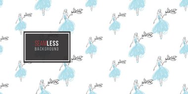 Kadın moda elbise modeli ile Seamless modeli. Güzel el Beyaz zemin üzerine çizilmiş kroki 