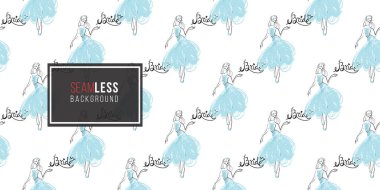 Kadın moda elbise modeli ile Seamless modeli. Güzel el Beyaz zemin üzerine çizilmiş kroki 