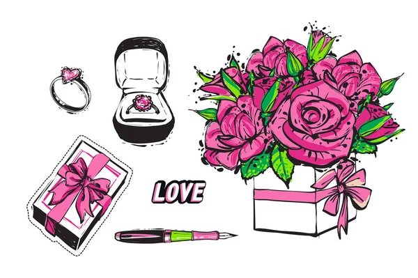 玫瑰花束 礼物盒 矢量插图 — 图库矢量图片