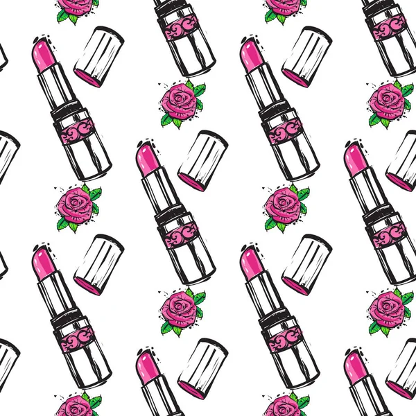 Patrón Sin Costuras Con Rosas Lápices Labiales Ilustración Vectorial — Vector de stock