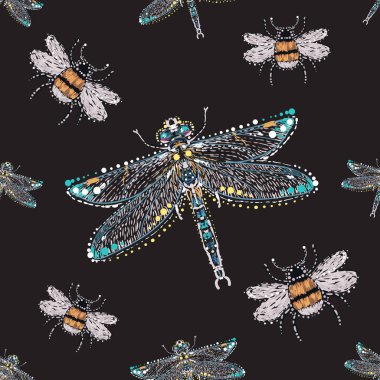 black background with insects, vector illustration clipart
