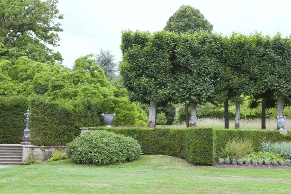 Jardin Paysager Bordé Haies Arbres Feuillus Arbustes Feuilles Persistantes Pots — Photo
