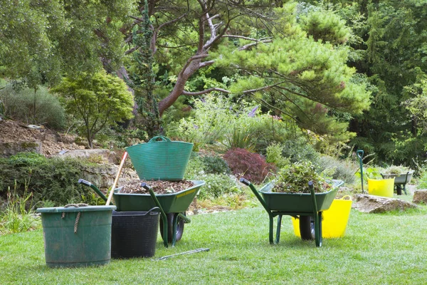 在园景花园中园艺 有手推车 装满树叶和杂草的桶 — 图库照片