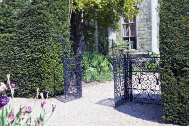 Ingiliz kırsalında bir yazlık bahçeye kesilmiş hedge arasında siyah demir kapı açın .