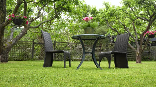 Due Sedie Rattan Tavolo Con Vaso Fiori Sull Erba Giardino — Foto Stock