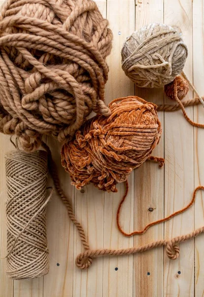 Knitting Hobby Yarn Beige Brown Light Brown Knitting Needles Background — Stock Photo, Image