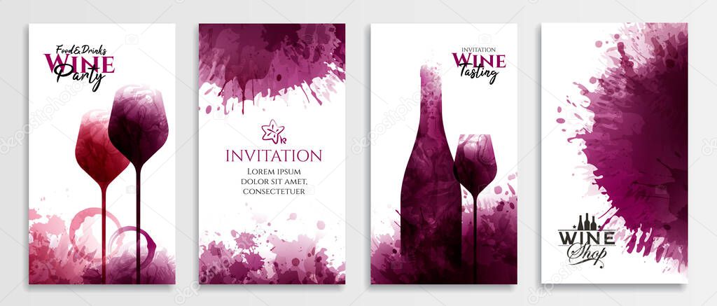 Templates with wine designs. Red wine stains Illustration of glass and bottle of wine. Social media banners, cards, covers, brochures, textured backgrounds, liquid effect. Vector