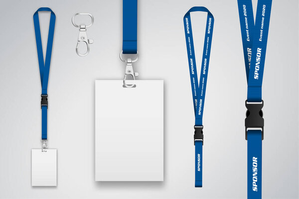 Set of lanyard and badge. Metal piece. Template for presentation of their design. realistic vector illustration.