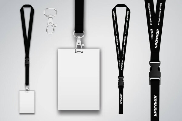 Set of lanyard and badge. Metal piece. Template for presentation of their design. realistic vector illustration.