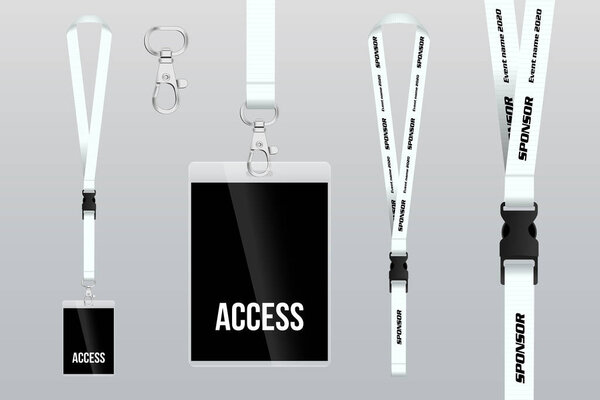 Set of lanyard and badge. Metal piece. Plastic badge. Template for presentation of their design. realistic vector illustration.