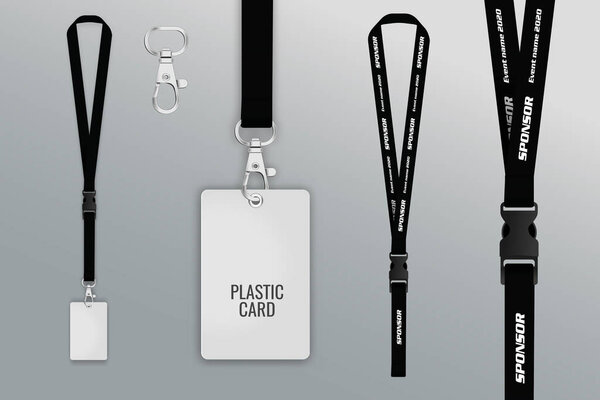 Set of lanyard and badge. Badge credit card measure. Metal piece. Template for presentation of their design. realistic vector illustration.