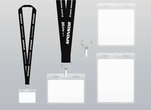 Ilustração Vetorial Cordão Fita Preta Etiquetas Tamanhos Diferentes Lanyard Com — Vetor de Stock