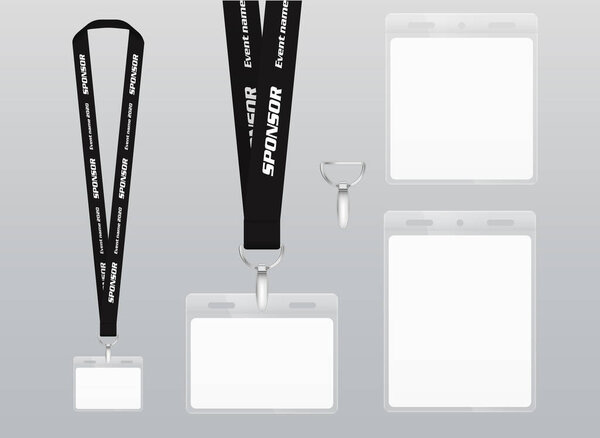 Vector illustration of lanyard. Black ribbon. Labels of different sizes. Lanyard with plastic label. Place for branding design