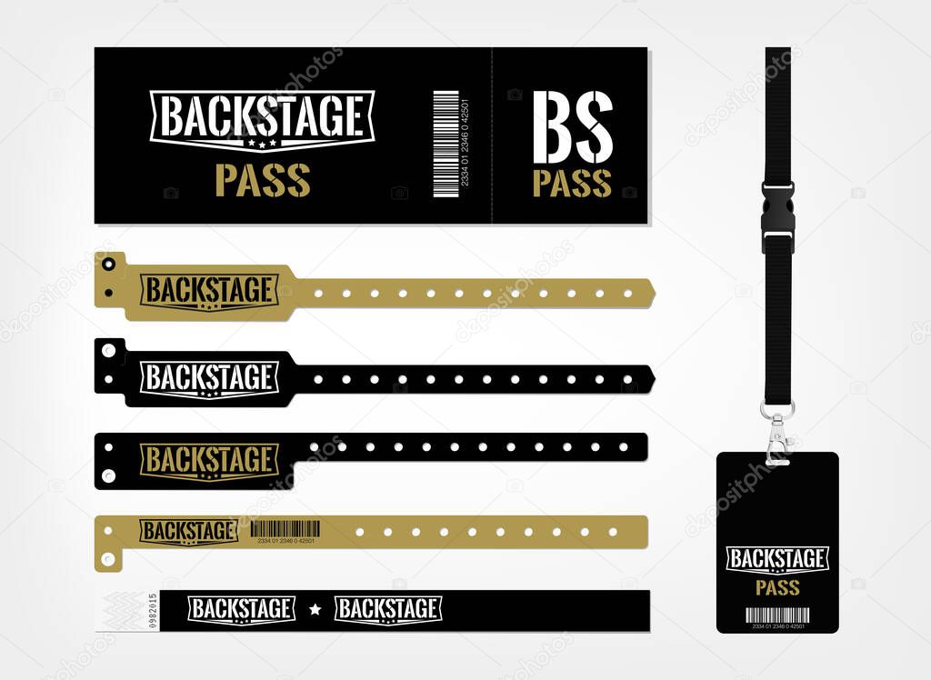 Model of different access control designs. Suitable for events, concerts, parties, festivals and private areas. Bracelets, ticket and lanyards. Design for backstage area. Easy color editing. Vector template.