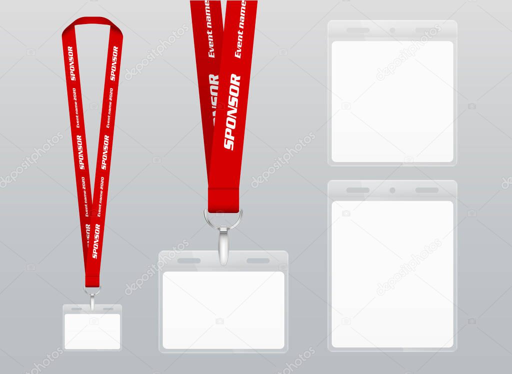 Vector illustration of lanyard. Red  ribbon. Labels of different sizes. Lanyard with plastic label. Place for branding design
