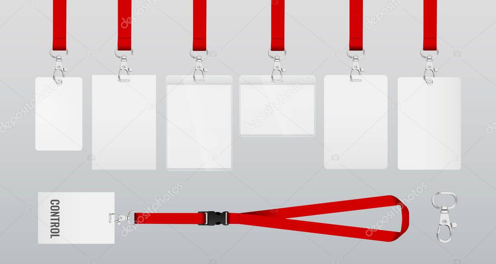 set of lanyards with labels of different formats. lanyards for access control, security or identification. Illustration of lanyards with metal closure. example in red color. Vector eps
