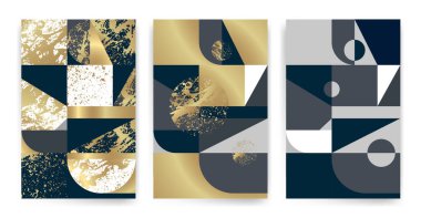 Zarif geometrik dizaynlı şablonlar. Mermer etkisi dokusu, altın çizgiler ve geometrik şekiller. Vektör desenli tasarım. Kartlar, kağıt, tekstil, ambalaj, ambalaj dekorasyonu için elverişli.