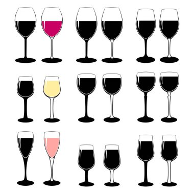 Şarap kadehleri siluetleri. Diğer içkiler için uygun siluetler. Simge vektörü