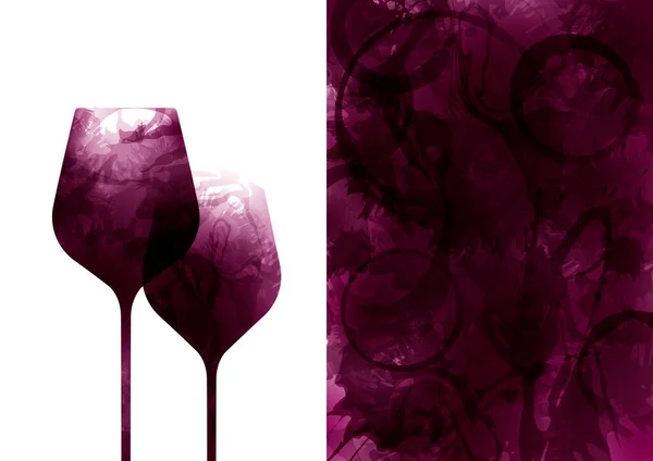 Ilustración Dos Copas Vino Manchas Vino Tinto Fondo Lleno Color — Vector de stock