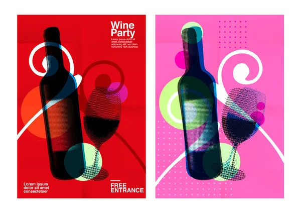 Idea for wine event. Illustration of bottle and wine glass with dotted pattern, retro 80s style, bright colors, pop art. For brochures, posters, invitations or banners. Vector.